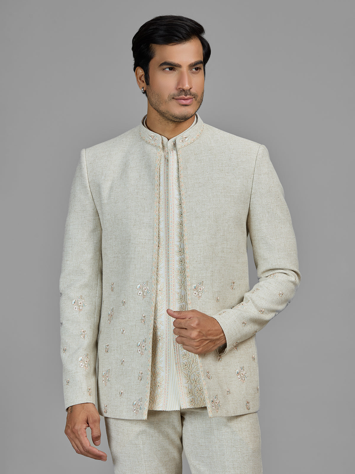 Cream wedding wear linen jodhpuri suit