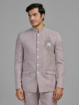 Lilac purple terry rayon jodhpuri suit with embellished crest