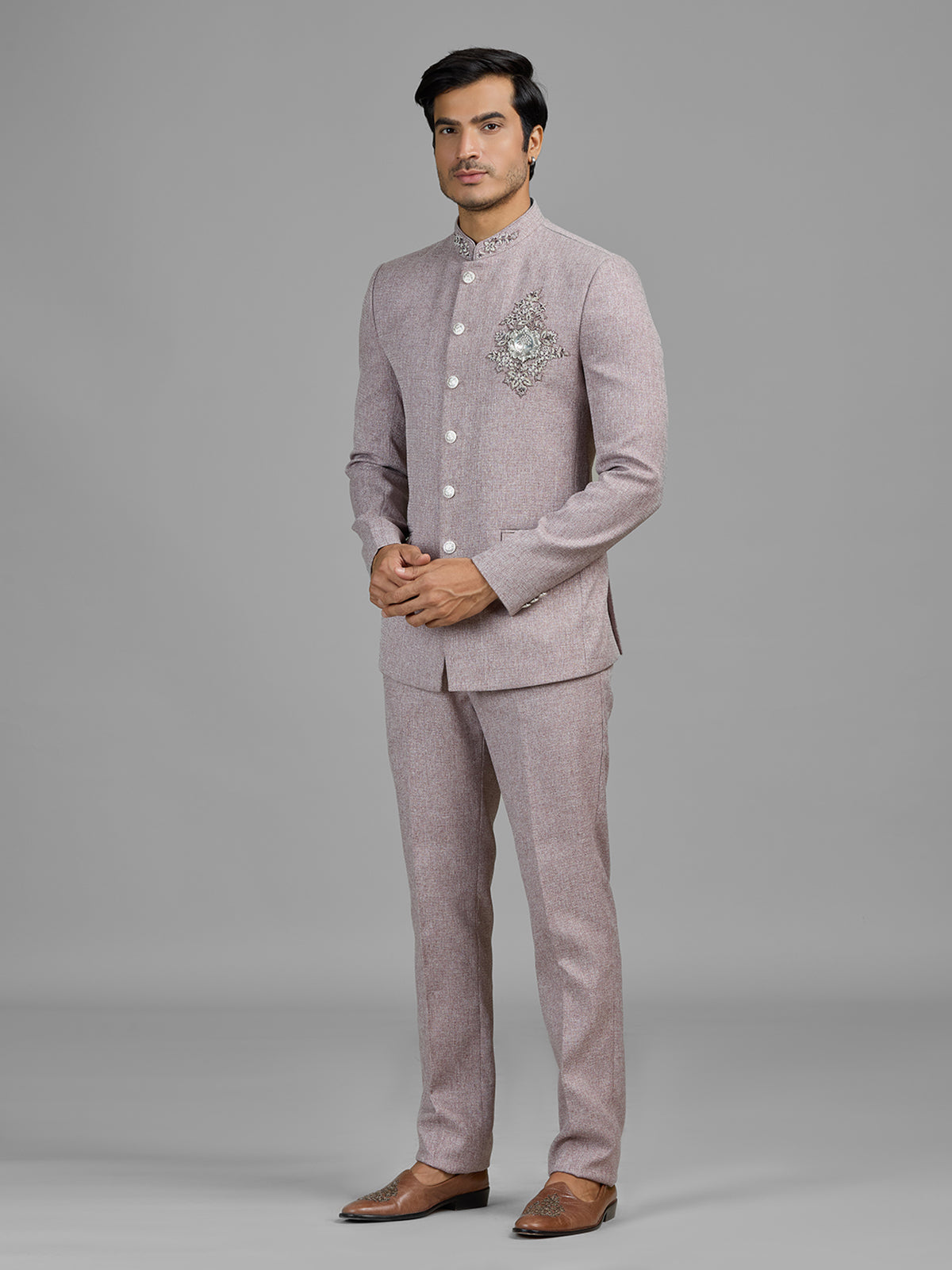 Lilac purple terry rayon jodhpuri suit with embellished crest