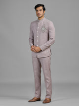 Lilac purple terry rayon jodhpuri suit with embellished crest