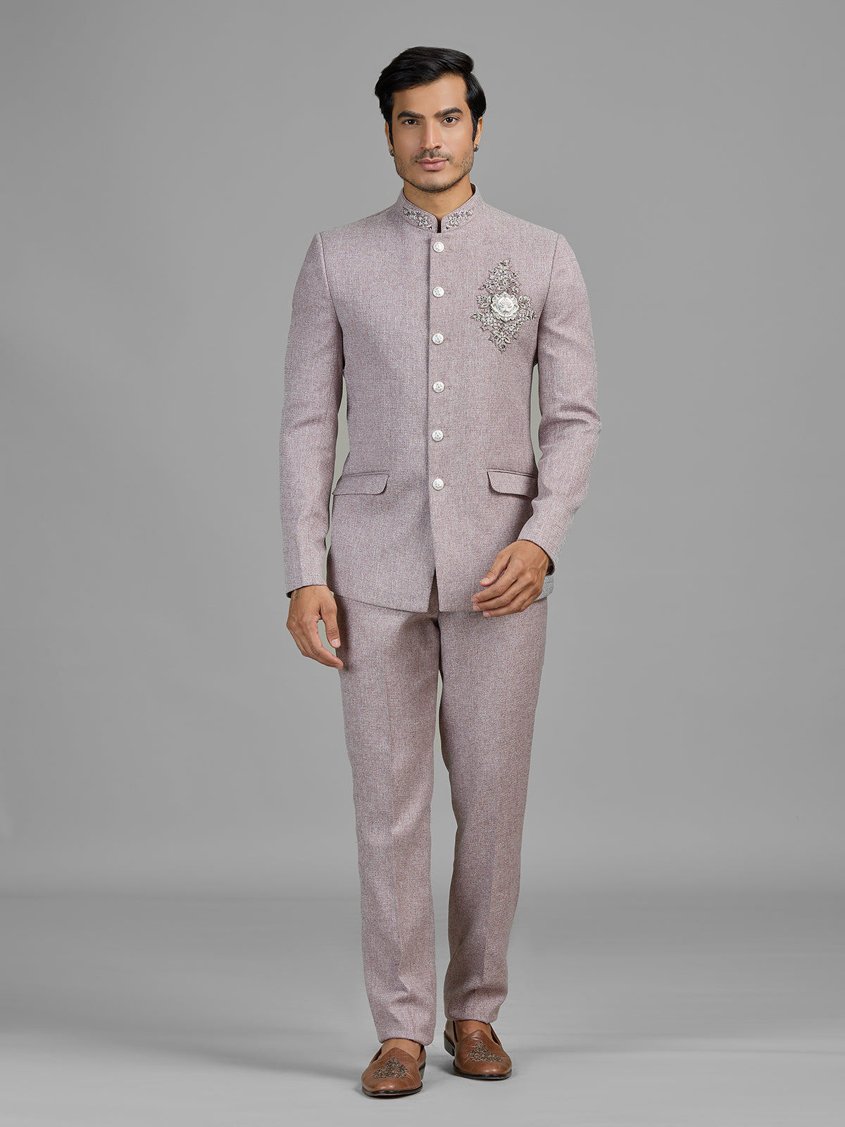 Lilac purple terry rayon jodhpuri suit with embellished crest