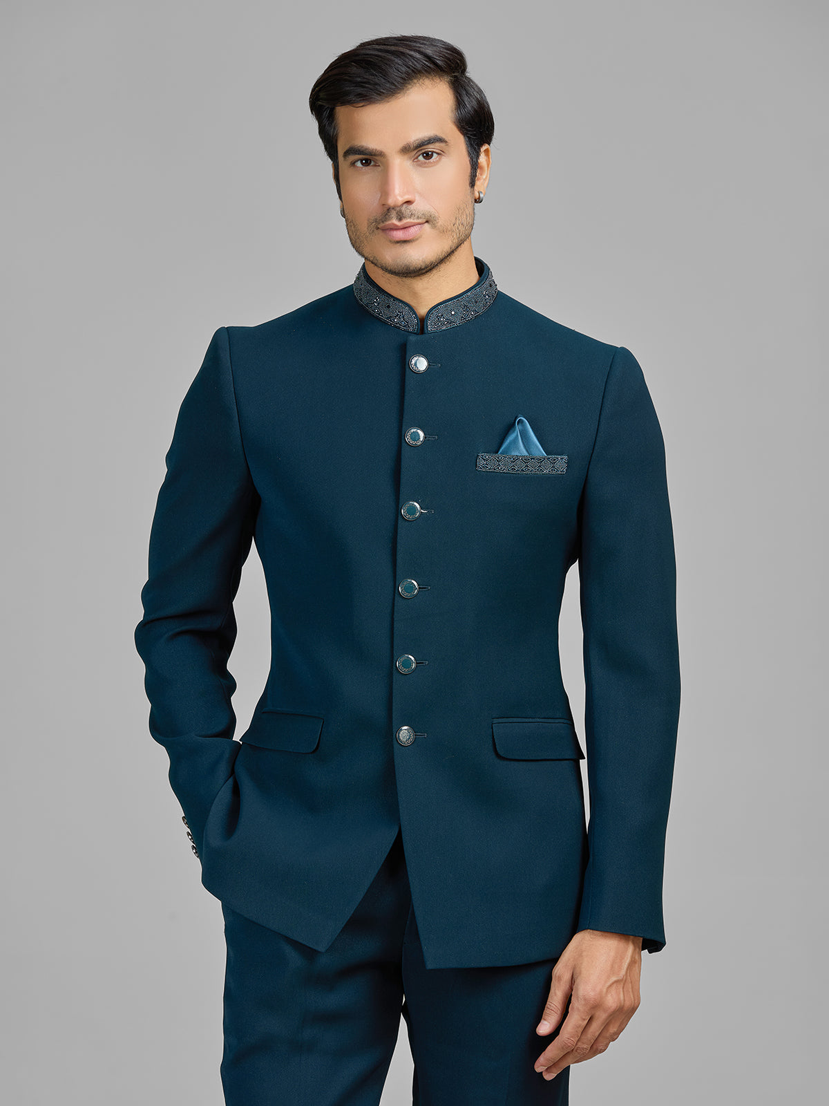 Teal blue terry rayon wedding wear jodhpuri suit
