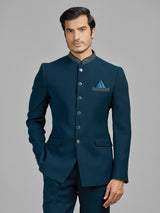 Teal blue terry rayon wedding wear jodhpuri suit