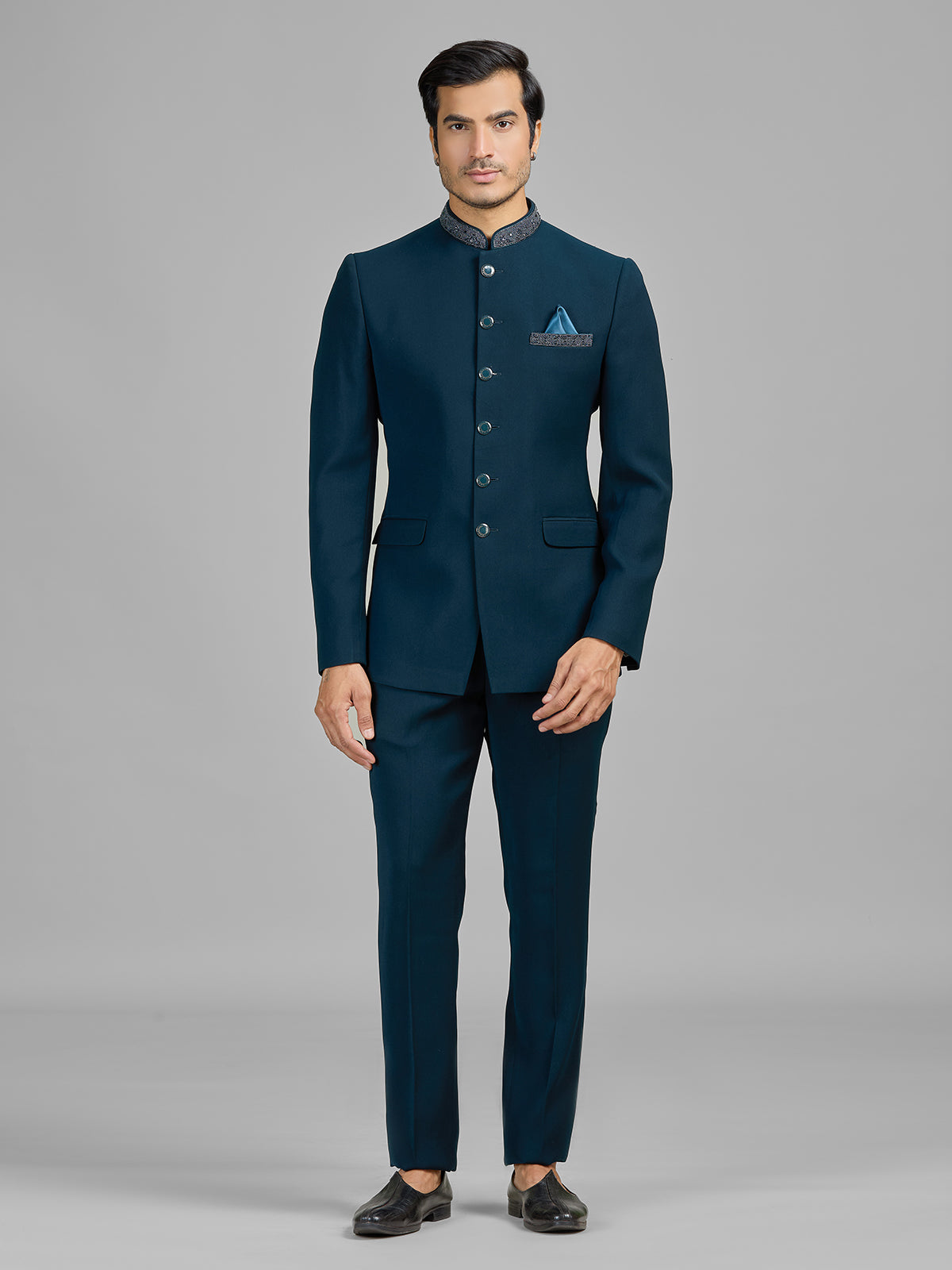 Teal blue terry rayon wedding wear jodhpuri suit