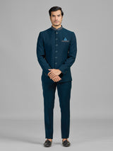 Teal blue terry rayon wedding wear jodhpuri suit