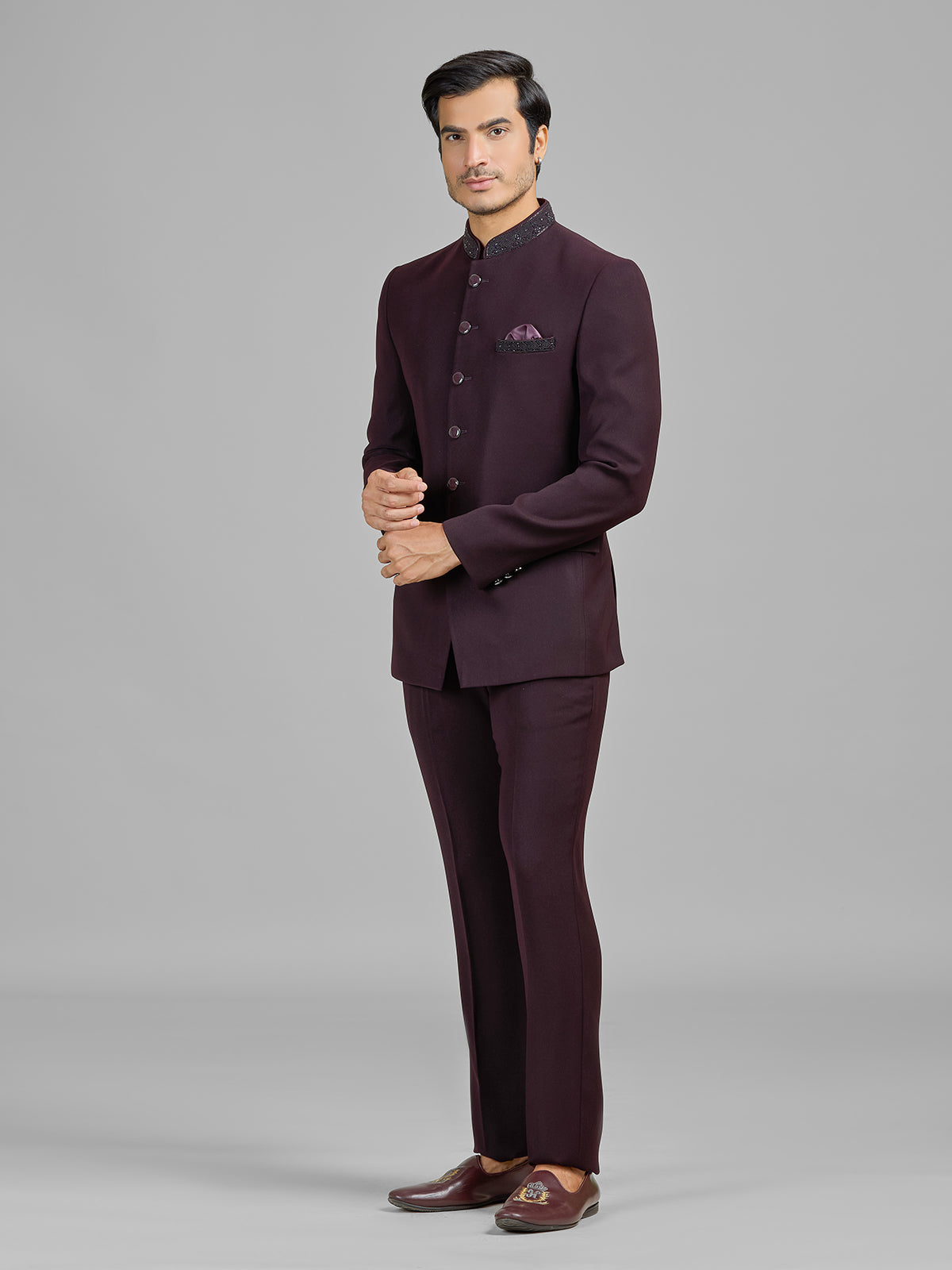 Wine terry rayon jodhpuri suit for wedding celebrations