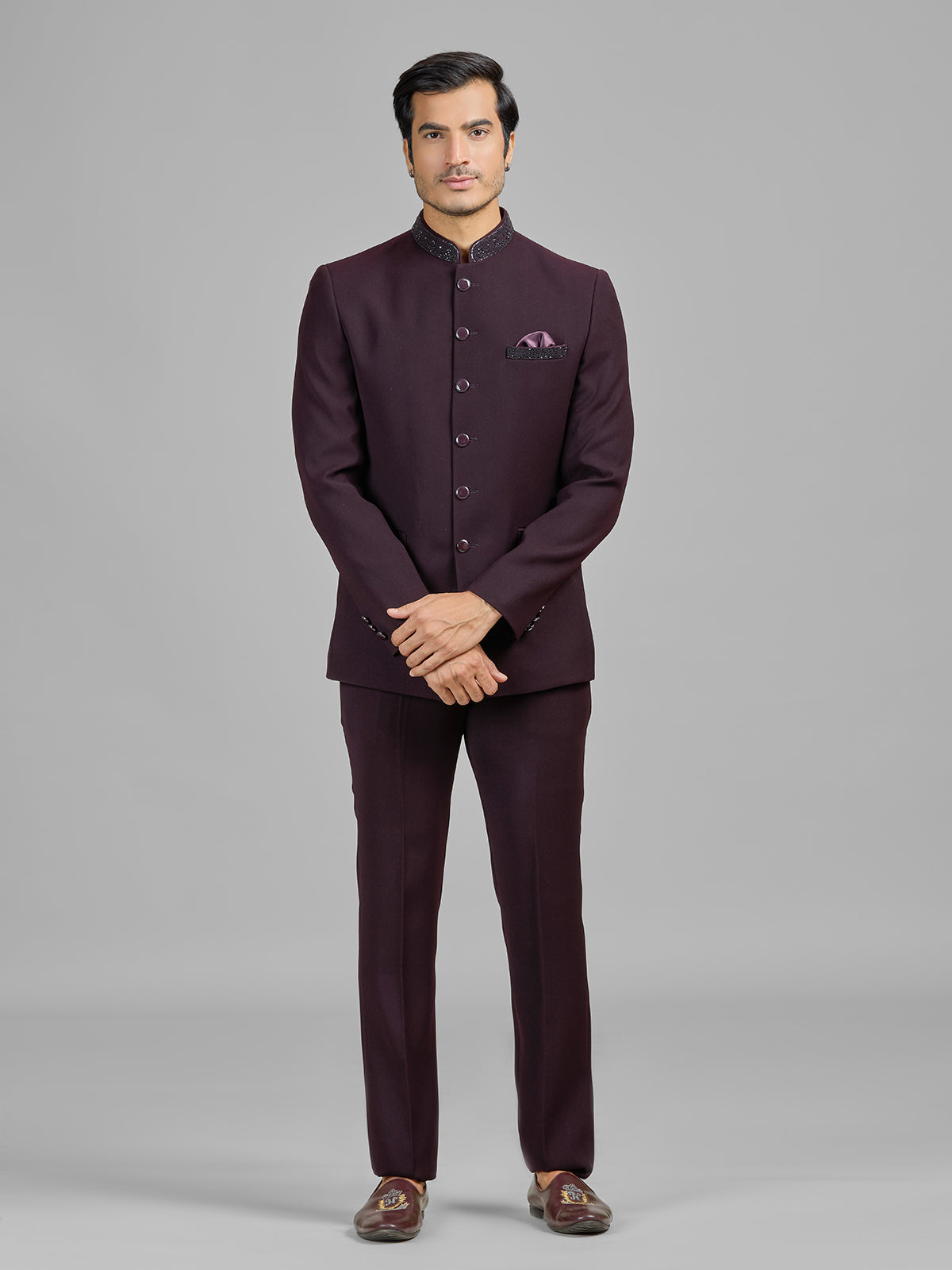 Wine terry rayon jodhpuri suit for wedding celebrations