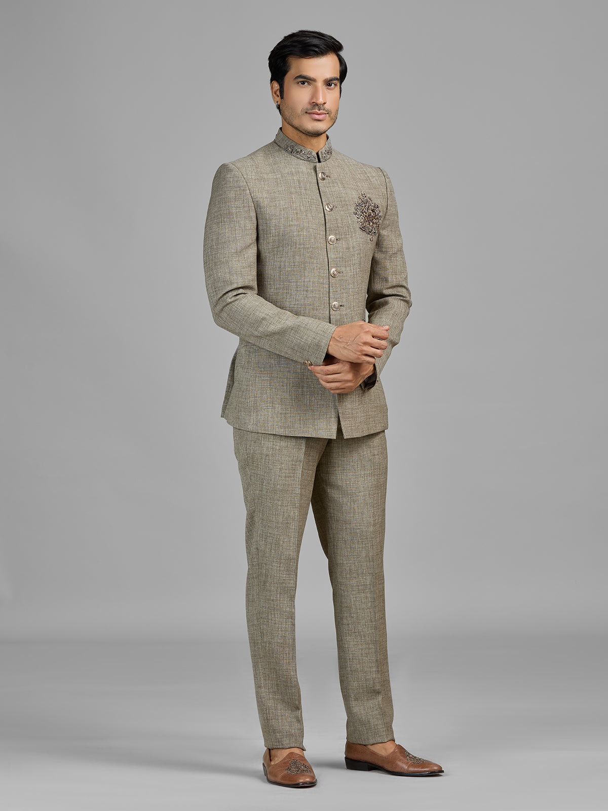 Stone beige terry rayon jodhpuri suit for men