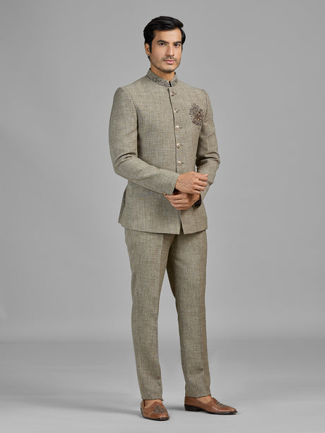 Stone beige terry rayon jodhpuri suit for men