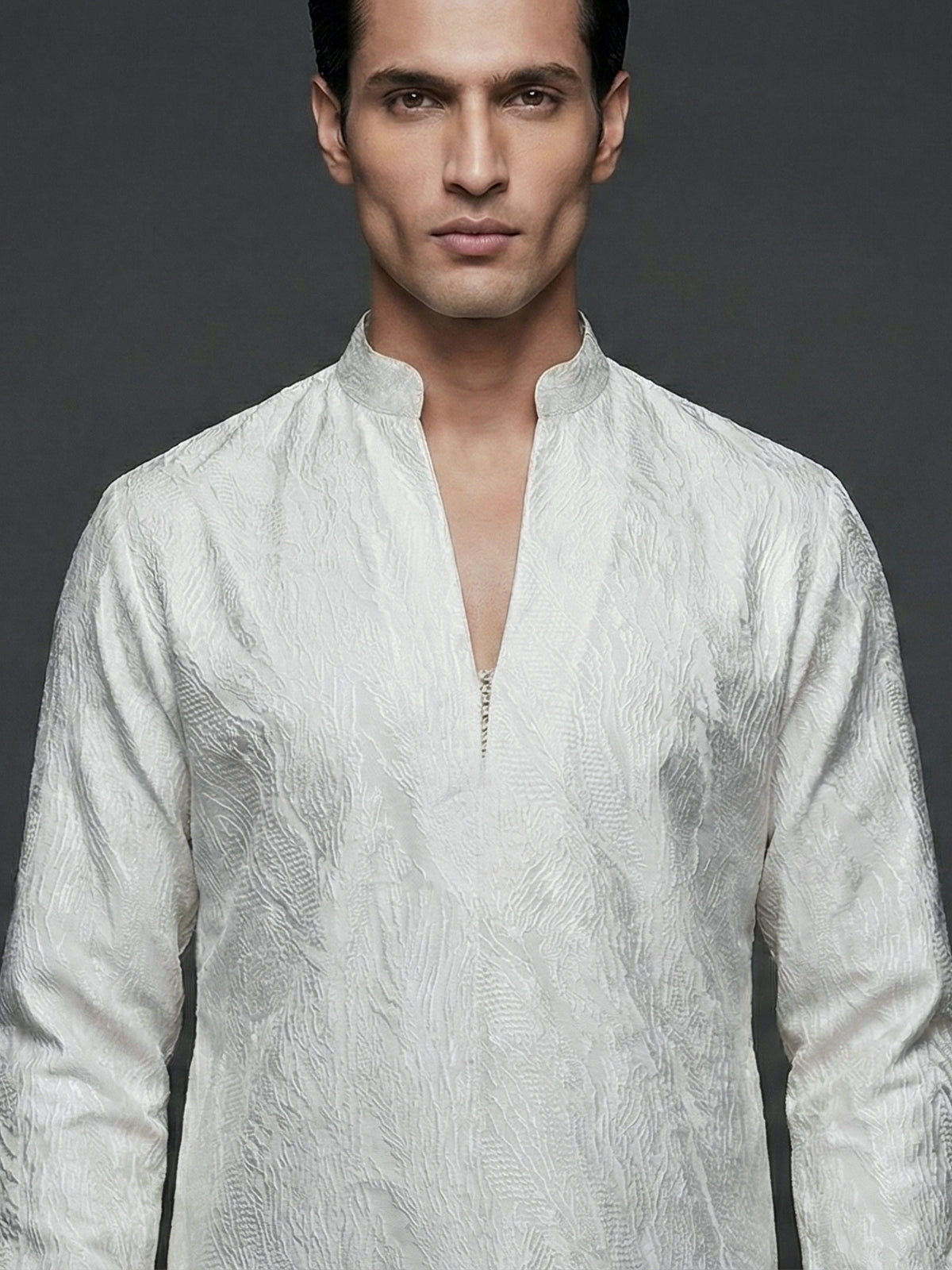 White textured silk blend modern v neck short kurta