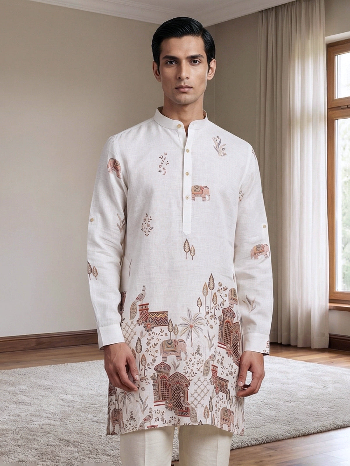 Off white printed cotton blend festive short kurta