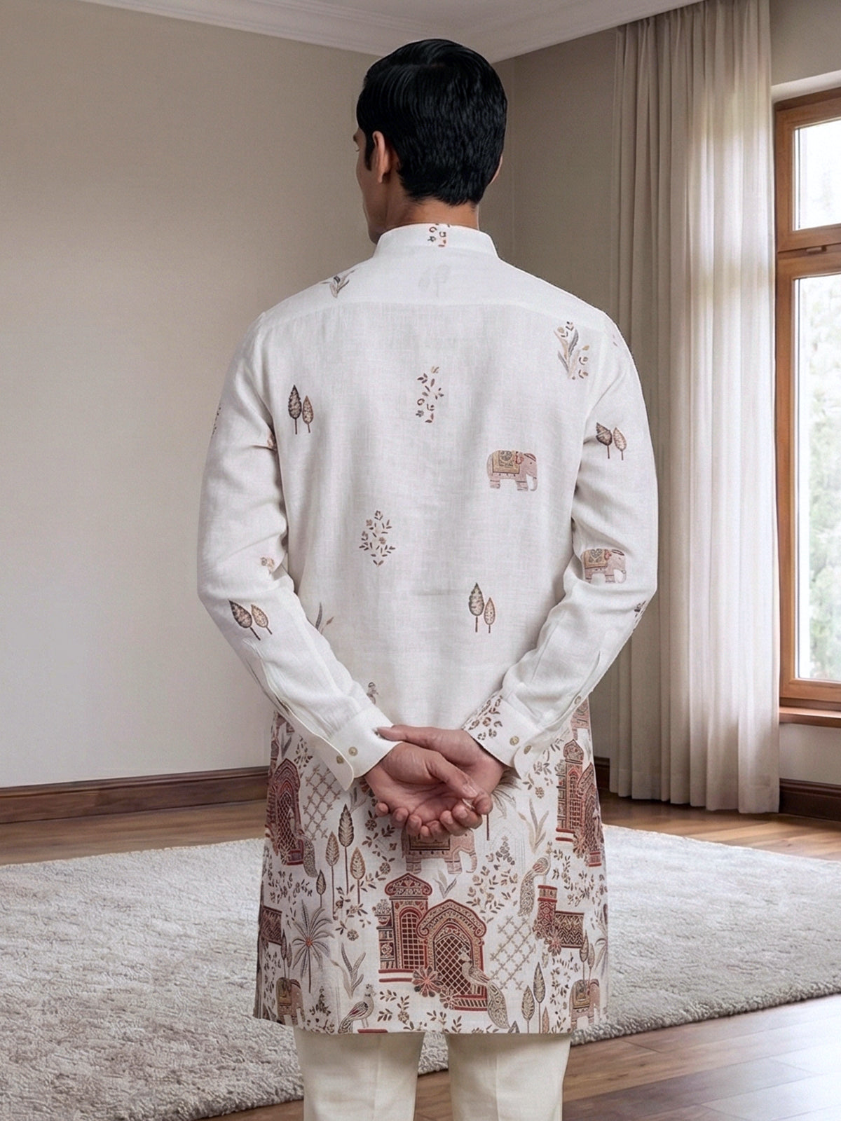 Off white printed cotton blend festive short kurta