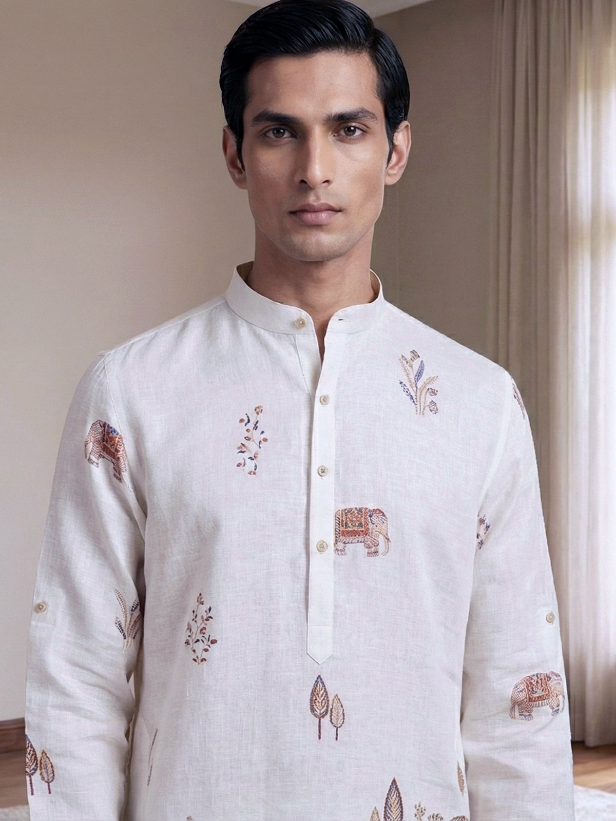 Off white printed cotton blend festive short kurta