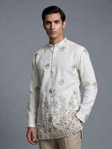 Off white embroidered cotton blend festive short kurta