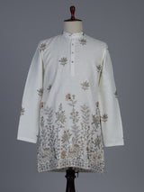 Off white embroidered cotton blend festive short kurta