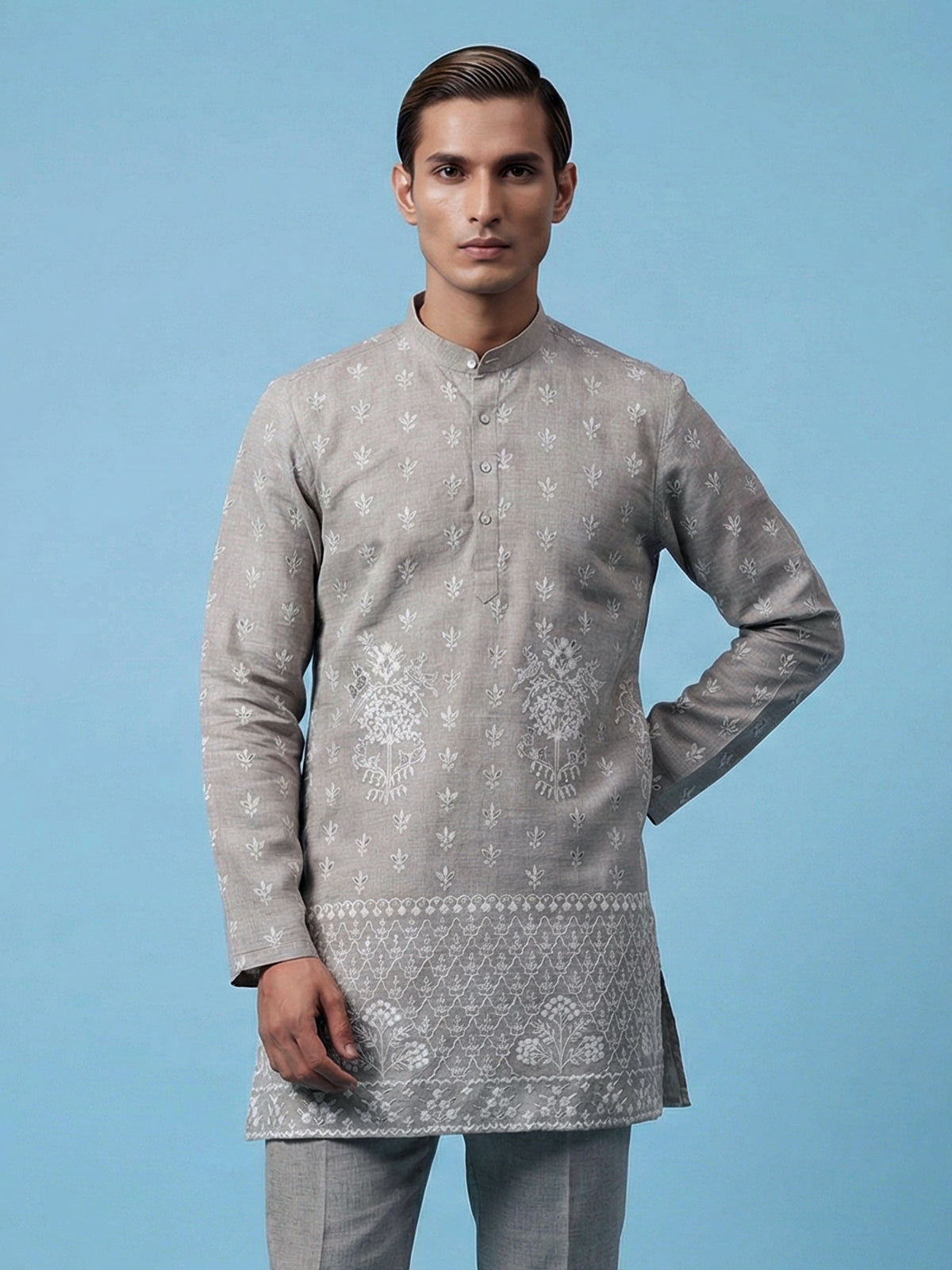 Grey embroidered cotton blend festive short kurta
