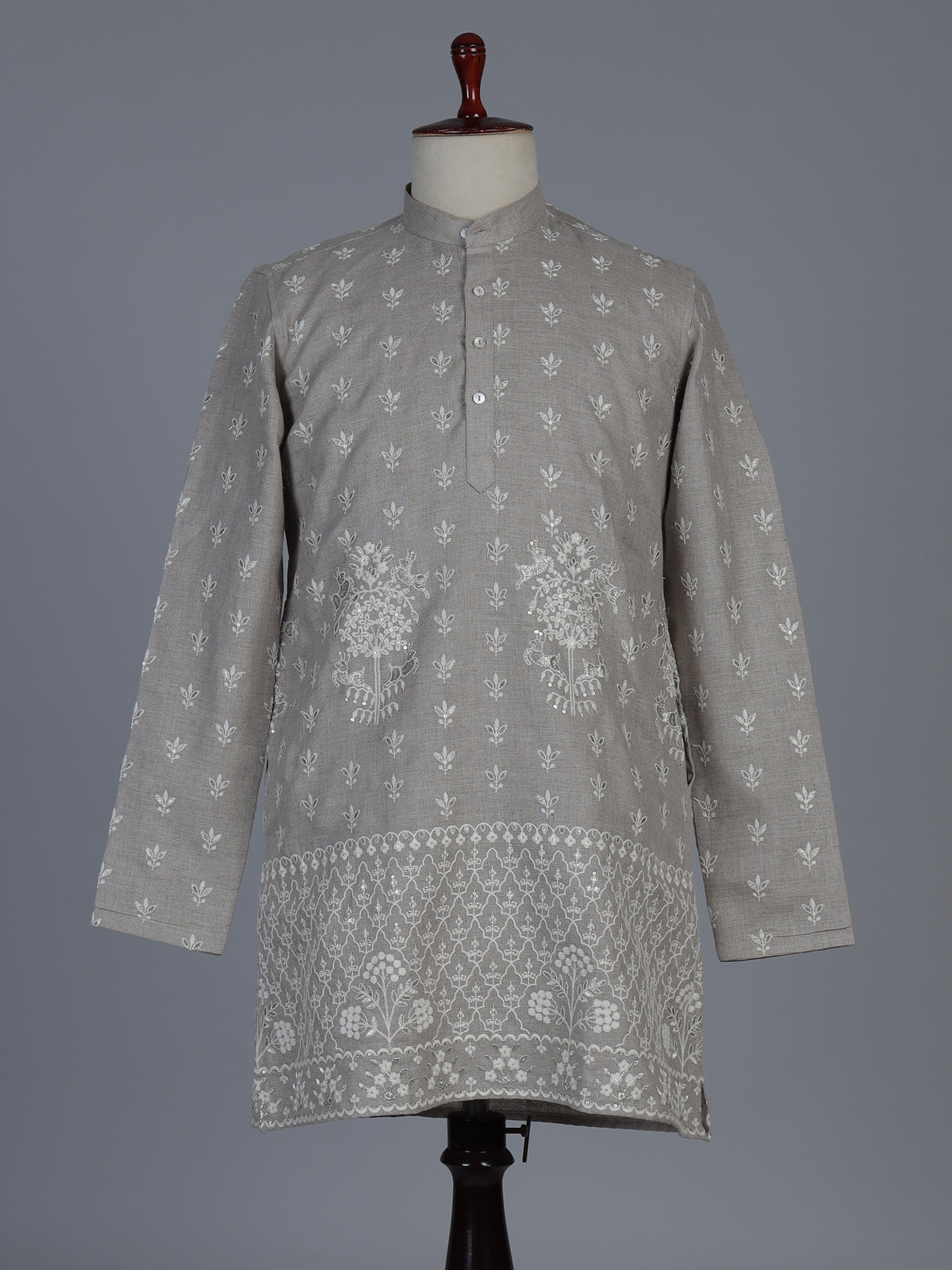 Grey embroidered cotton blend festive short kurta