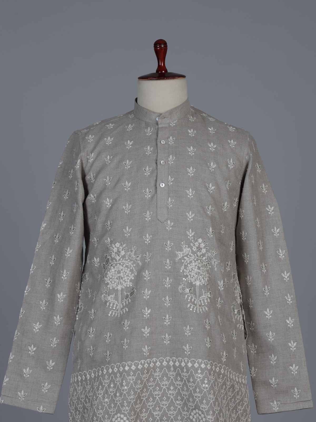 Grey embroidered cotton blend festive short kurta