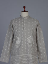 Grey embroidered cotton blend festive short kurta
