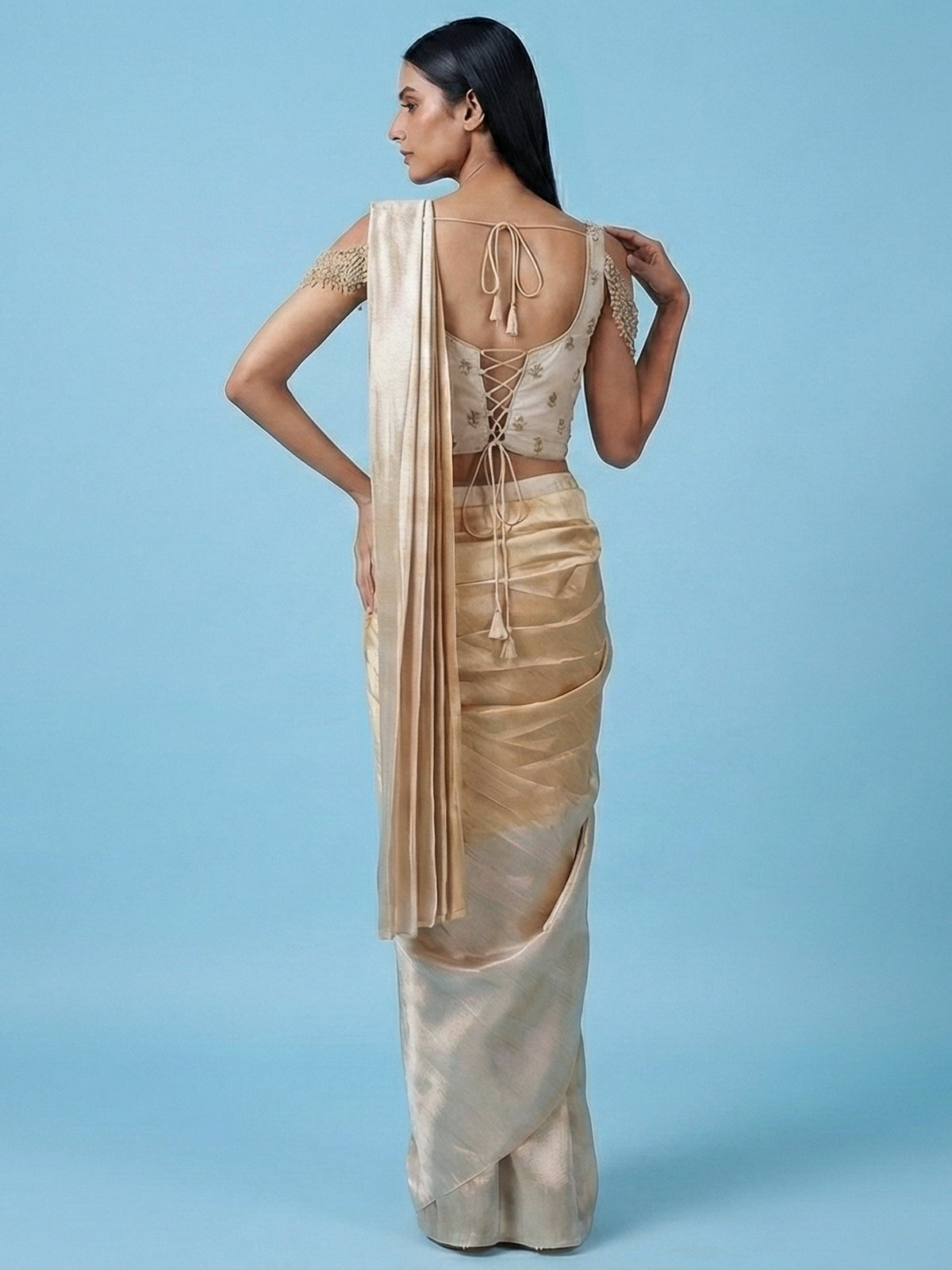 Cream and gold chiffon shaded designer ready saree