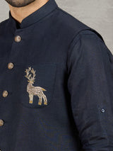 Navy linen waistcoat set with intricate zardosi detailing
