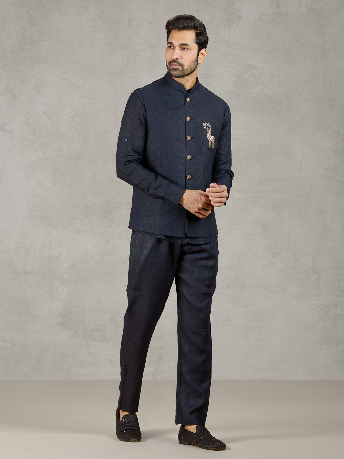 Navy linen waistcoat set with intricate zardosi detailing