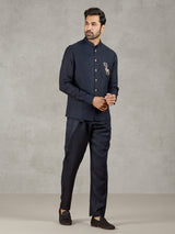 Navy linen waistcoat set with intricate zardosi detailing