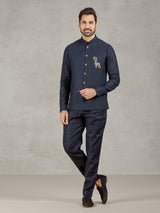 Navy linen waistcoat set with intricate zardosi detailing