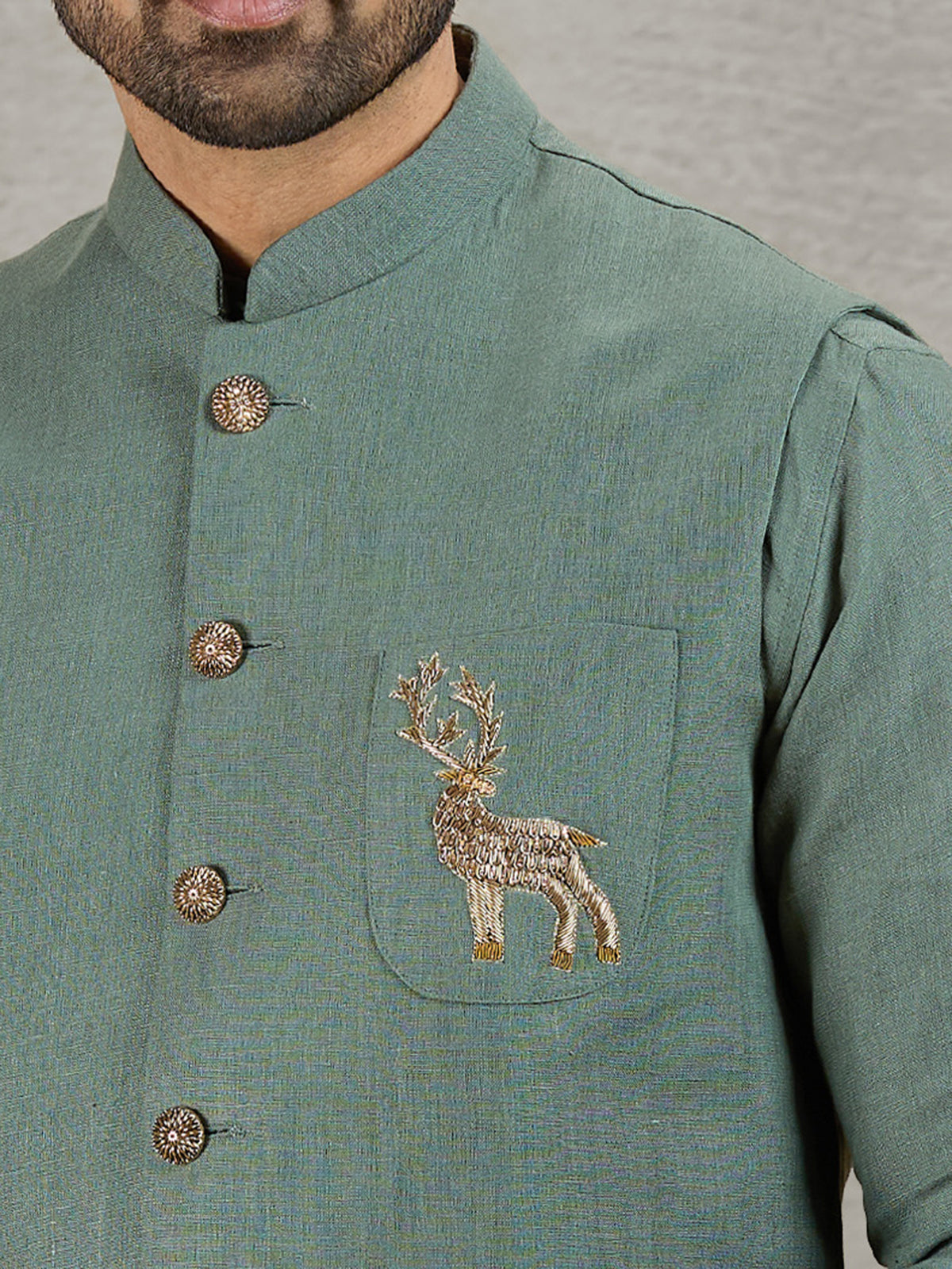 Green linen waistcoat set for festive occasions
