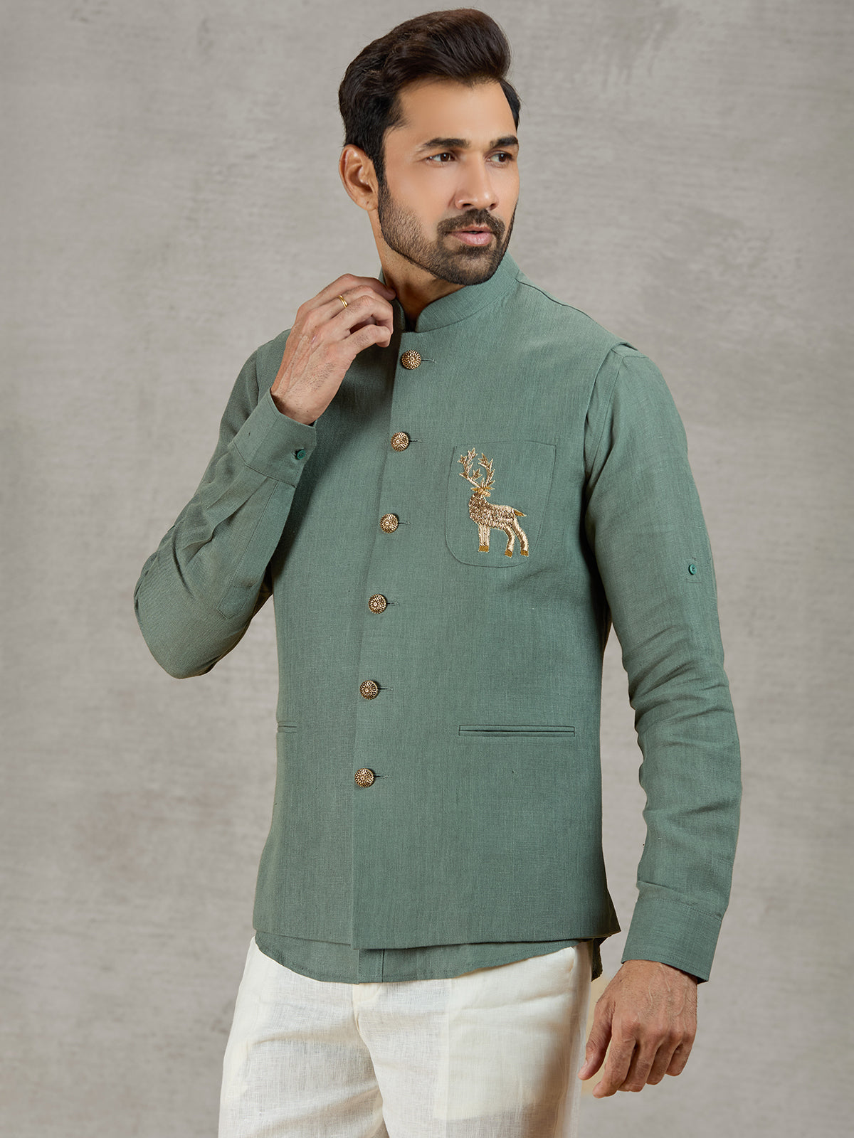 Green linen waistcoat set for festive occasions