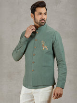Green linen waistcoat set for festive occasions