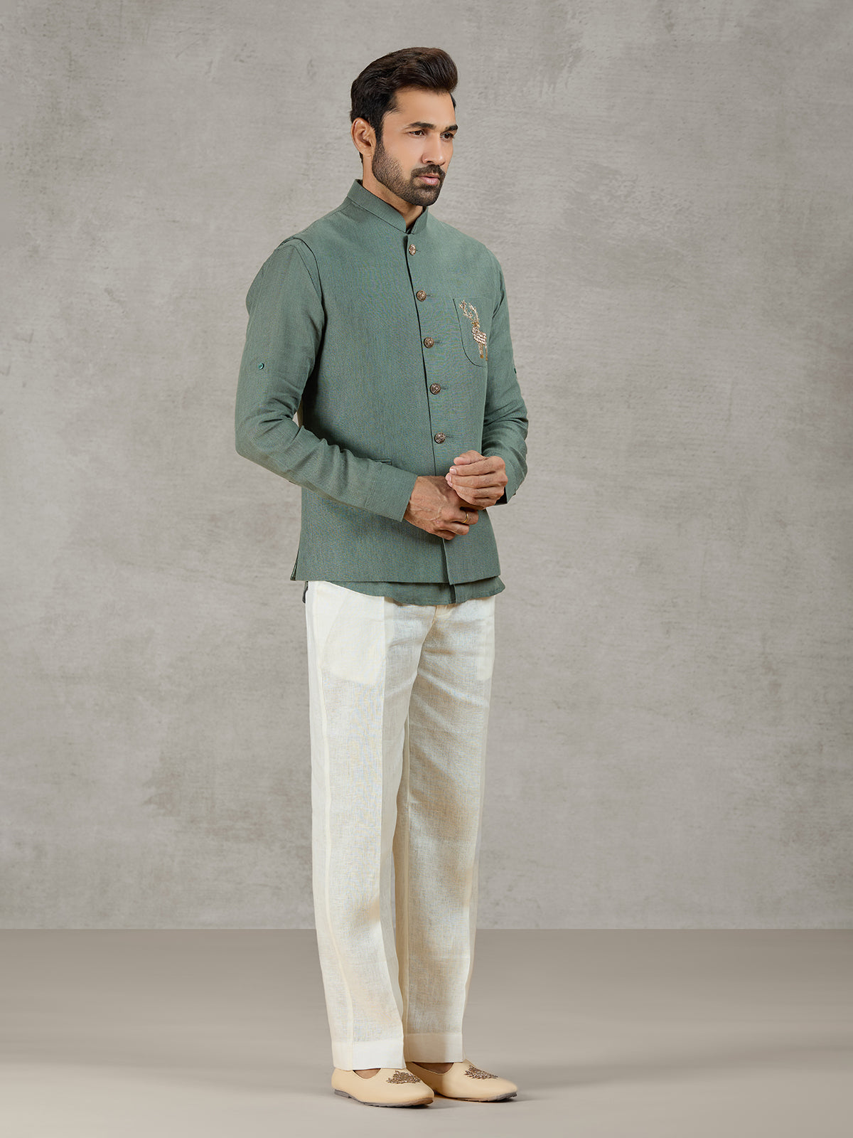 Green linen waistcoat set for festive occasions