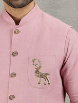 Pastel pink linen waistcoat set with embellished crest detail