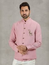 Pastel pink linen waistcoat set with embellished crest detail