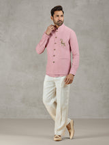 Pastel pink linen waistcoat set with embellished crest detail