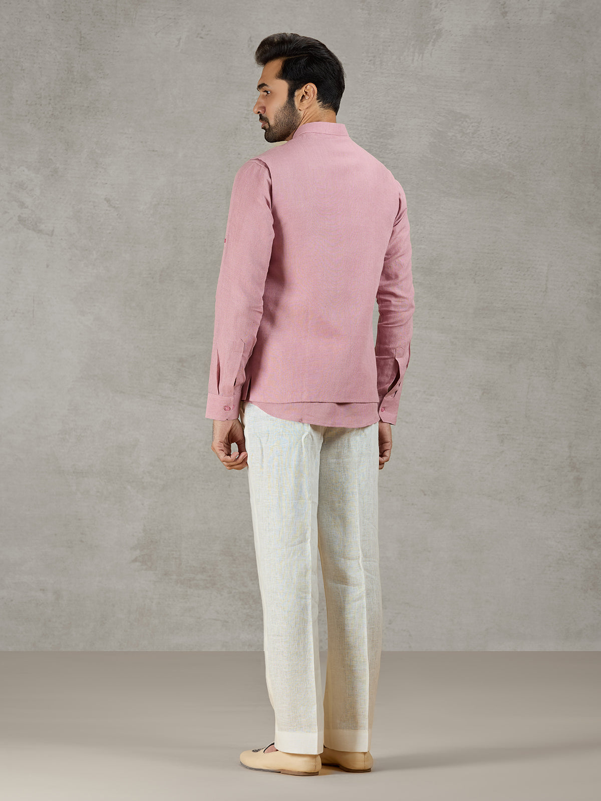 Pastel pink linen waistcoat set with embellished crest detail