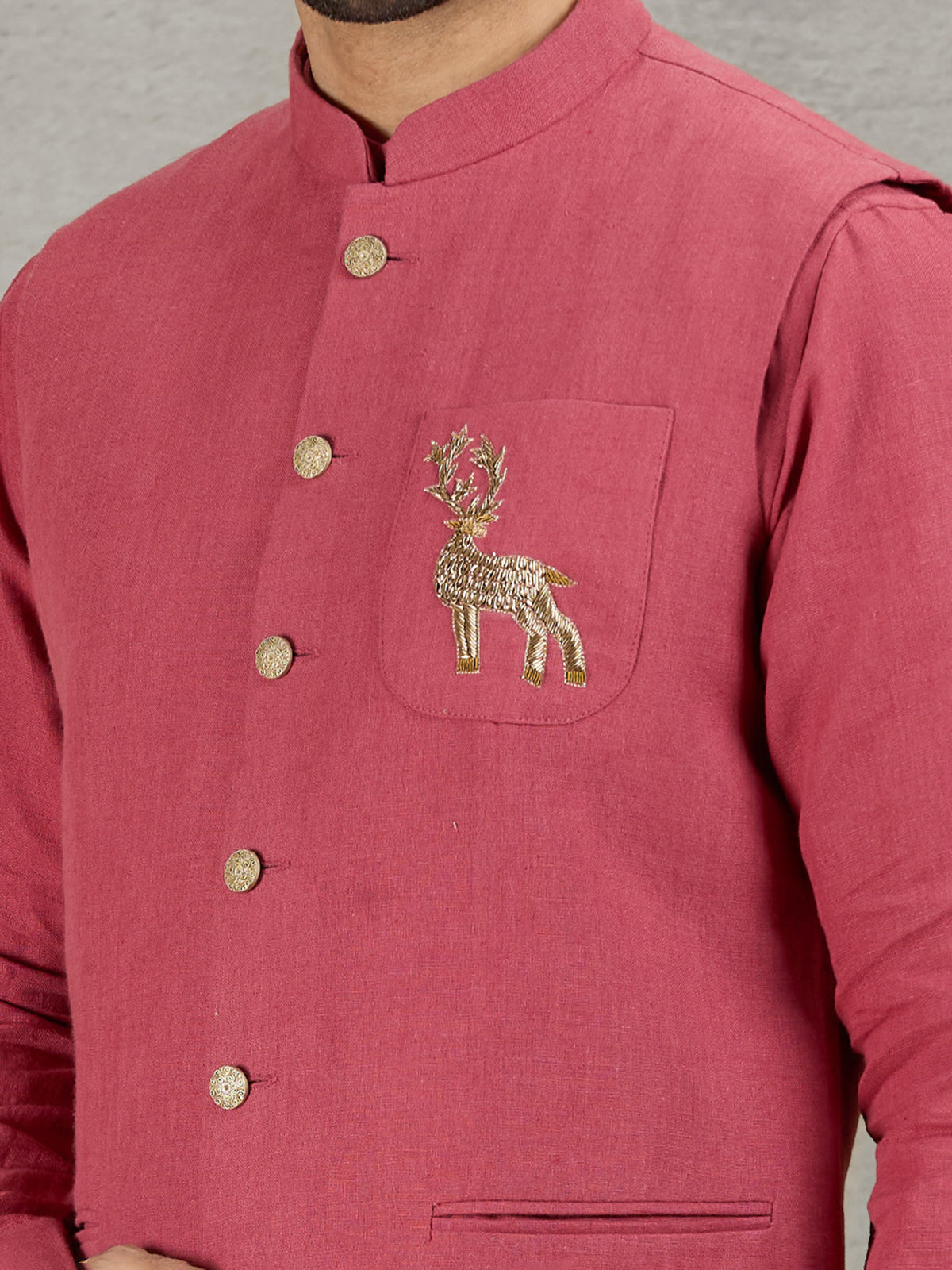 Gajri red linen waistcoat set for festive wear