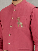 Gajri red linen waistcoat set for festive wear