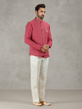 Gajri red linen waistcoat set for festive wear