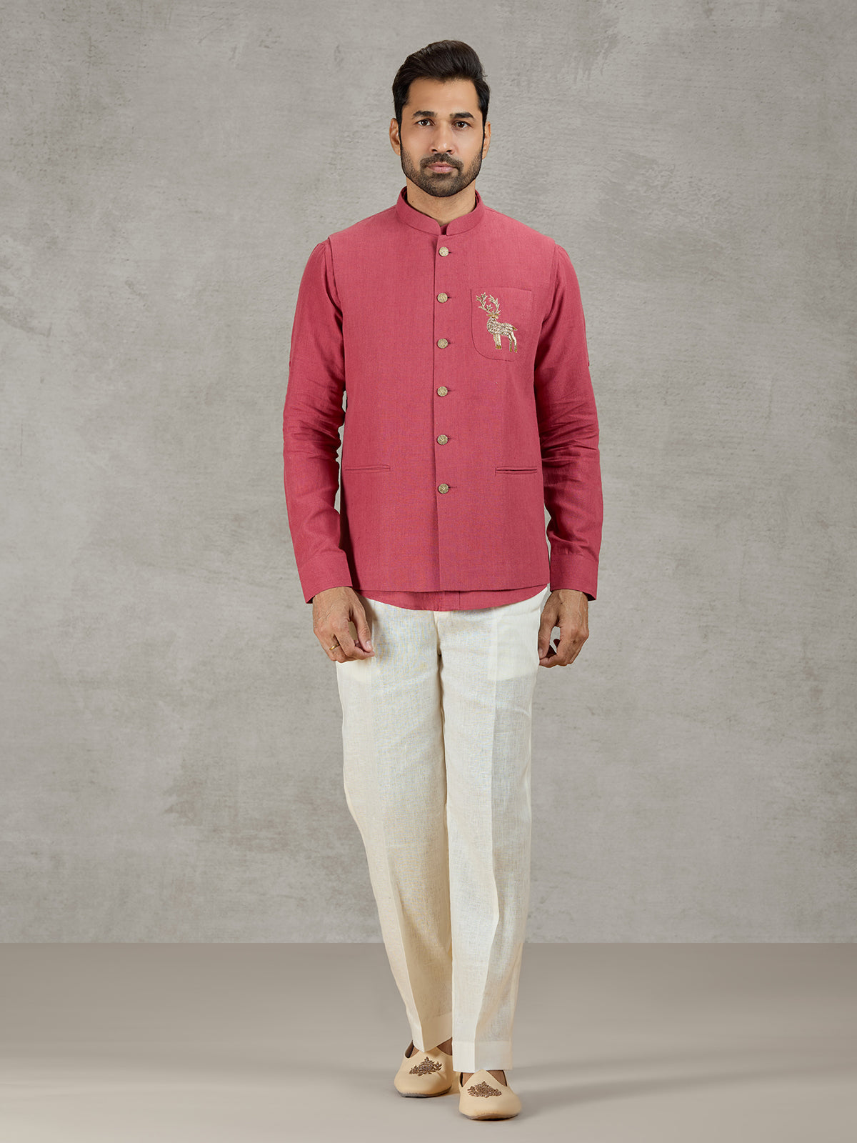 Gajri red linen waistcoat set for festive wear