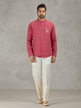 Gajri red linen waistcoat set for festive wear