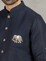 Navy linen waistcoat set with embroidered elephant crest