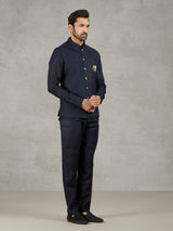 Navy linen waistcoat set with embroidered elephant crest