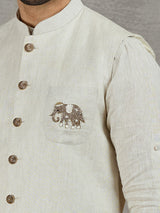 Beige linen festive wear waistcoat set with elegant detailing
