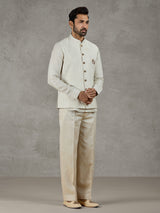 Beige linen festive wear waistcoat set with elegant detailing