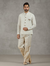 Beige linen festive wear waistcoat set with elegant detailing