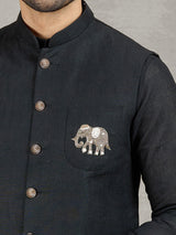 Black party wear linen waistcoat set with embellished crest