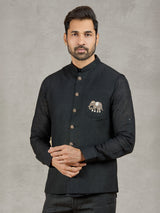 Black party wear linen waistcoat set with embellished crest