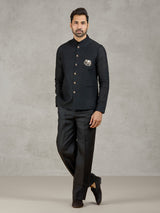 Black party wear linen waistcoat set with embellished crest