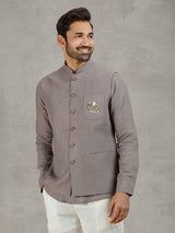 Grey linen waistcoat set with thread and zardosi work